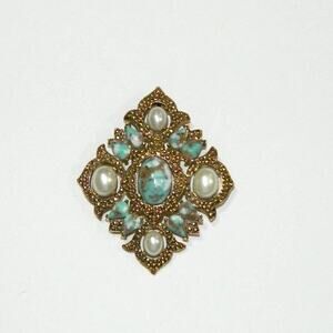Vtg Sarah Coventry Brooch Faux Pearl Turquoise Pin